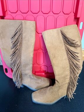 SO Tan Suede like Over-the-Knee Fringe Boots
